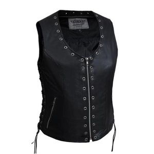 UNIK PREMIUM Ladies Leather Black Motorcycle Vest 2682.NG Small Lace Up Punk